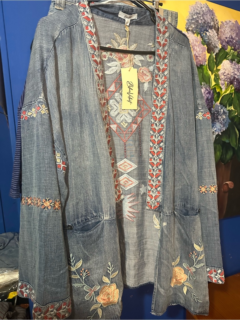 Blue Velvet Embroidered Denim Duster Jacket XL